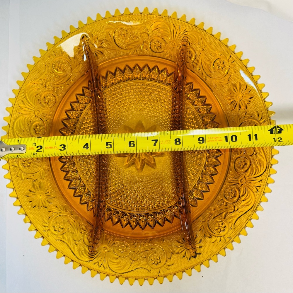 Vintage Amber Glass Sandwich Serving Tray - Starburst Scalloped Rim VTG 70s - Picture 7 of 7